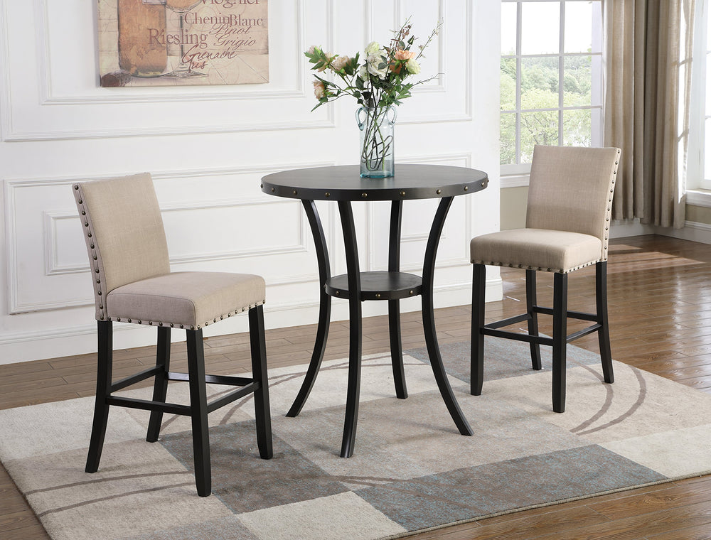 3-Piece Bar Height Dining Set – Round Table & Nail Head Stools