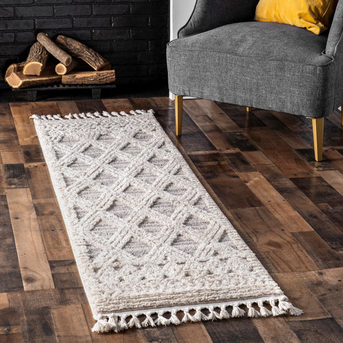 Moroccan Lattice Tassel Runner Rug 2'6" x 10' – Polyester High Pile, Stain Resistant