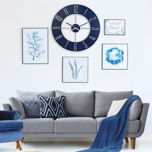Large Round Analog Wall Clock – Silver & Blue, 27 Inch