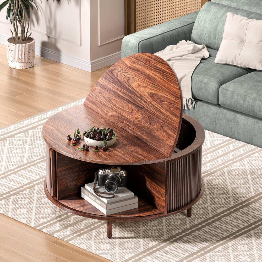Round Lift-Top Coffee Table with Storage & Fluted Door