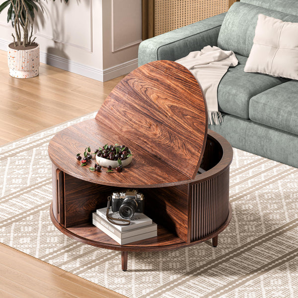 Round Lift-Top Coffee Table with Storage & Fluted Door