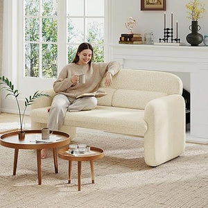 Small Loveseat with Rattan Armrests & Sherpa Fabric