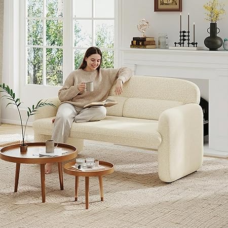 Small Loveseat with Rattan Armrests & Sherpa Fabric
