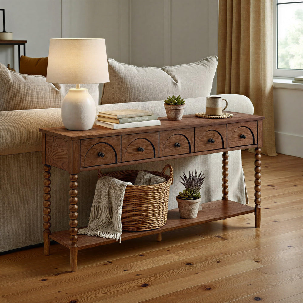58" Narrow Console Sofa Table with Drawers & Lower Shelf