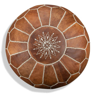 Moroccan Genuine Leather Pouf Ottoman – Cognac Brown