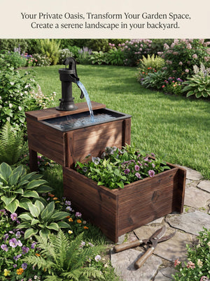 Outdoor Solar Wood Hand Pump Water Fountain with Flower Box