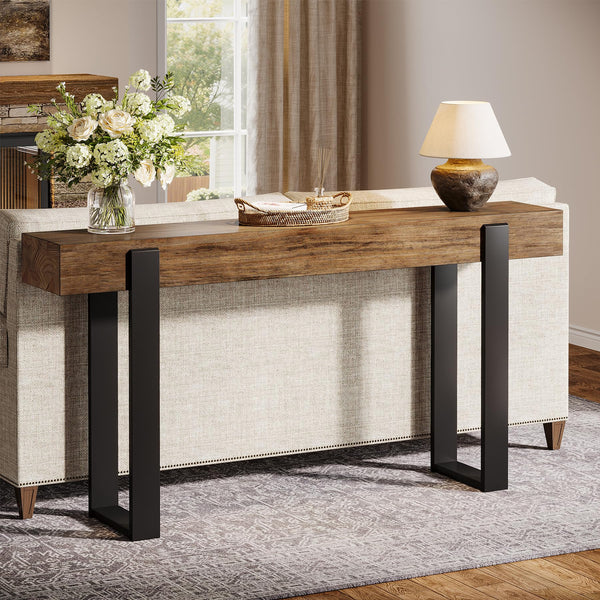 63-Inch Console Table with Solid Wood Top & Metal Legs