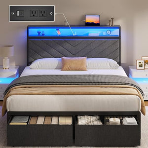 Upholstered Bed Frame with Storage Drawers, LED Lights & Charging Station