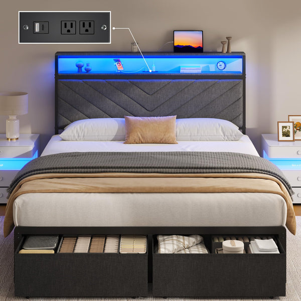 Upholstered Bed Frame with Storage Drawers, LED Lights & Charging Station