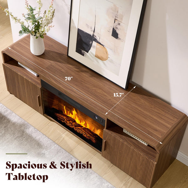 AMERLIFE 70" Fluted Fireplace TV Stand for TVs Up to 80", Modern TV Console with 30" Electric Fireplace & Storage Cabinets, Media Entertainment Center for Living Room, Brown