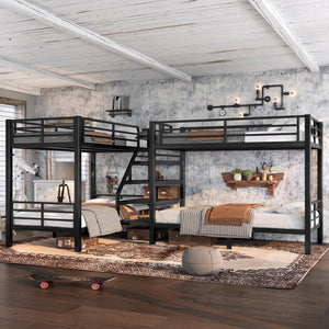 L-Shaped Metal Quad Bunk Bed with Stairs – Twin Size for 4