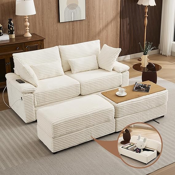 Corduroy Loveseat with Storage Ottomans & USB Port