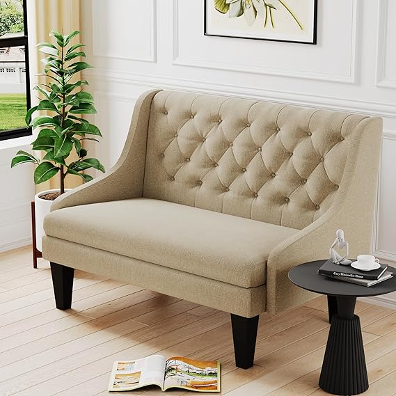 50" Modern Loveseat Settee Sofa – Linen Fabric, Tufted 2-Seat Couch