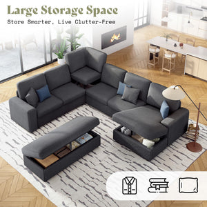 129-Inch Sectional Sofa with Storage Ottoman & Sleeper
