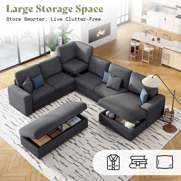 129-Inch Sectional Sofa with Storage Ottoman & Sleeper