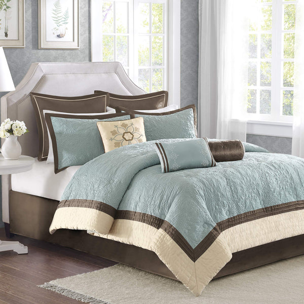 Blue Medallion Quilted Comforter Set with Bed Skirt & Decorative Pillows