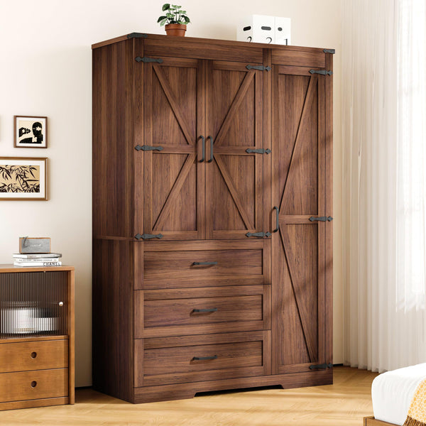 Farmhouse Armoire Wardrobe with Drawers & Hanging Rod