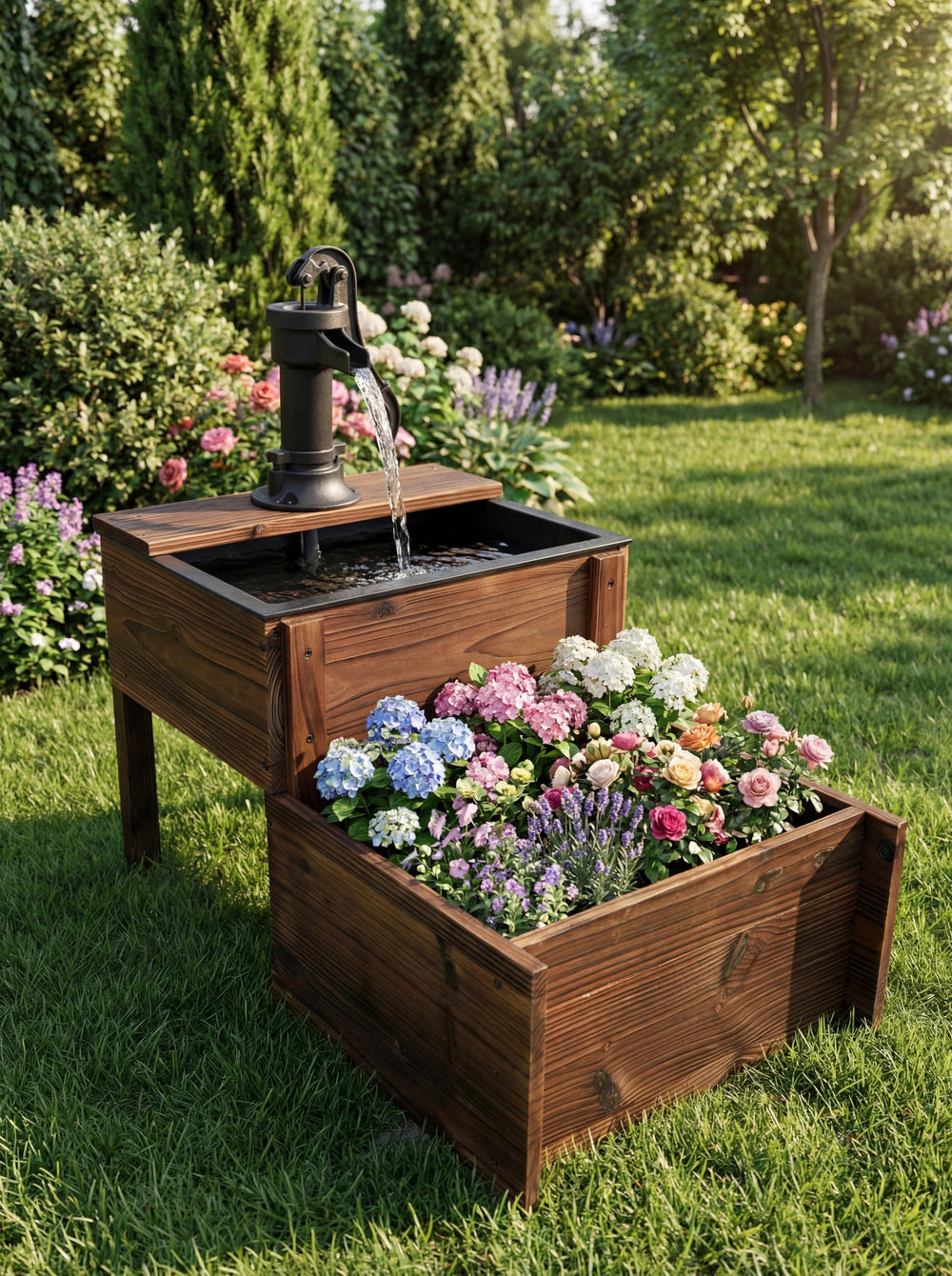 Outdoor Solar Wood Hand Pump Water Fountain with Flower Box