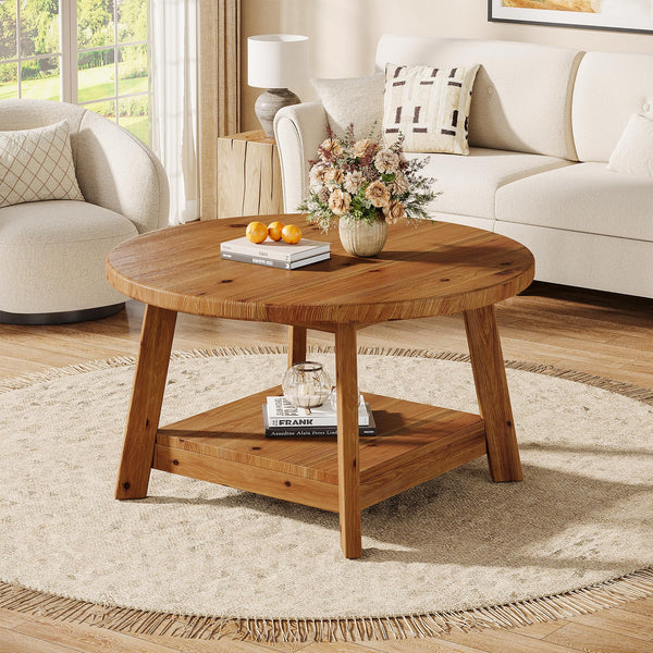 Round Solid Wood Coffee Table with Storage Shelf