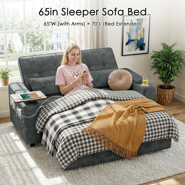 65" Convertible Sleeper Sofa Bed with Storage & USB Charging