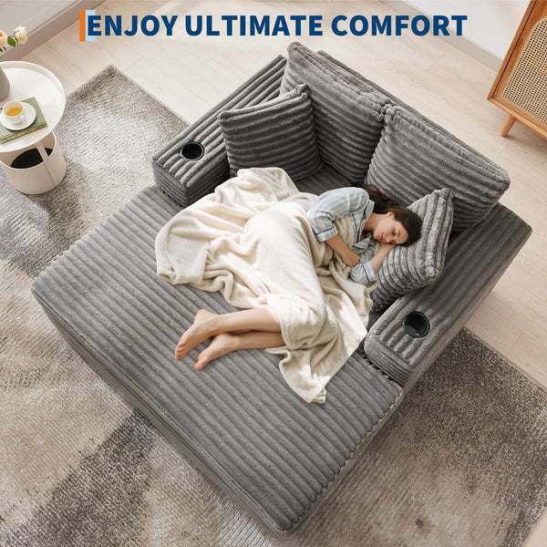 60-Inch Oversized Chaise Lounge Sofa with Charging Station & Cup Holders
