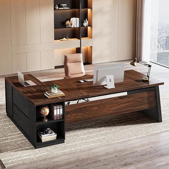 78" L Shaped Desk with Drawers, File Cabinet & Shelves