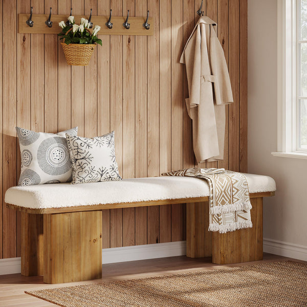 59" Upholstered Entryway Bench with Faux Shearling Cushion