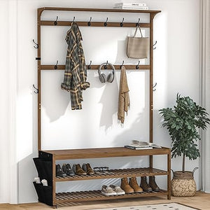 Bamboo Hall Tree with Bench, Shoe Storage & 14 Coat Hooks