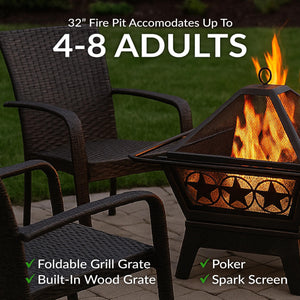 Square Outdoor Wood-Burning Fire Pit with Grill Grate, Spark Screen & Poker