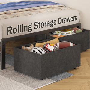 LED Storage Platform Bed with Charging Station & Upholstered Headboard