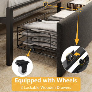 Upholstered Platform Bed Frame with Storage Drawers, LED Lights & Charging Station