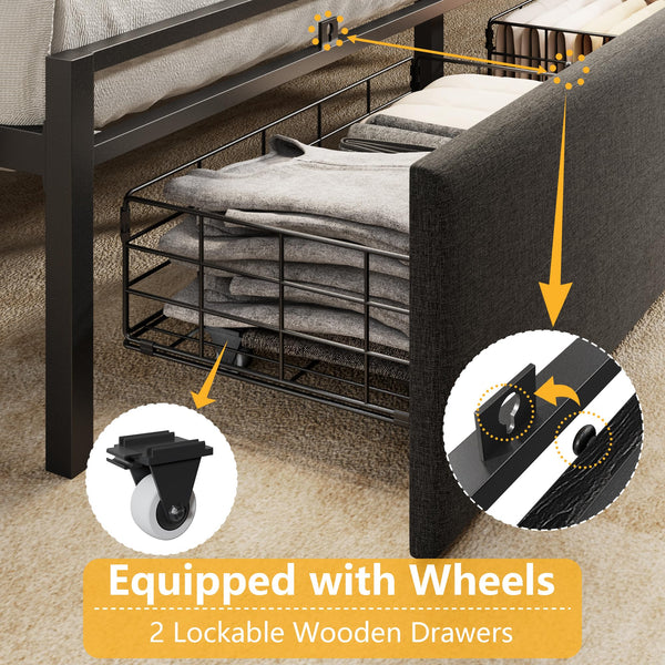 Upholstered Platform Bed Frame with Storage Drawers, LED Lights & Charging Station