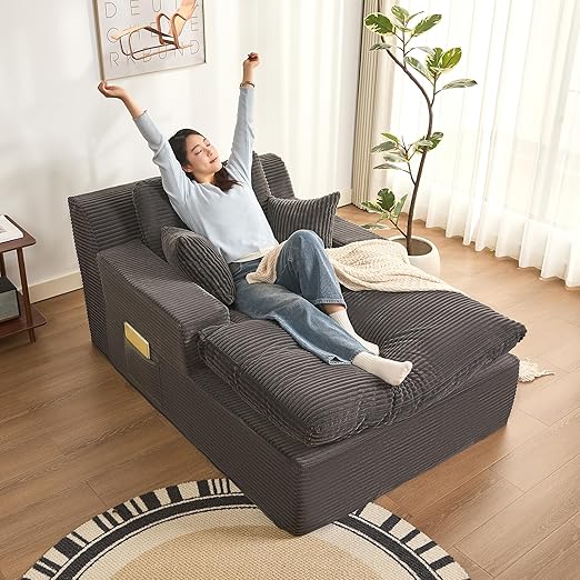Convertible Chaise Lounge Sofa Bed with Armrests & Side Pockets