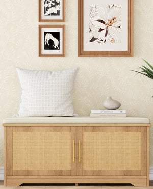 Rattan Shoe Storage Bench with Cushion & Adjustable Shelf