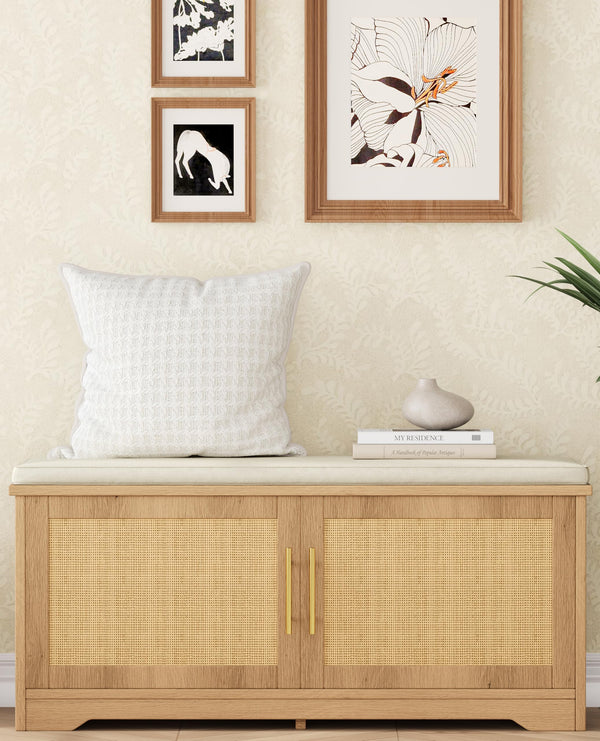 Rattan Shoe Storage Bench with Cushion & Adjustable Shelf