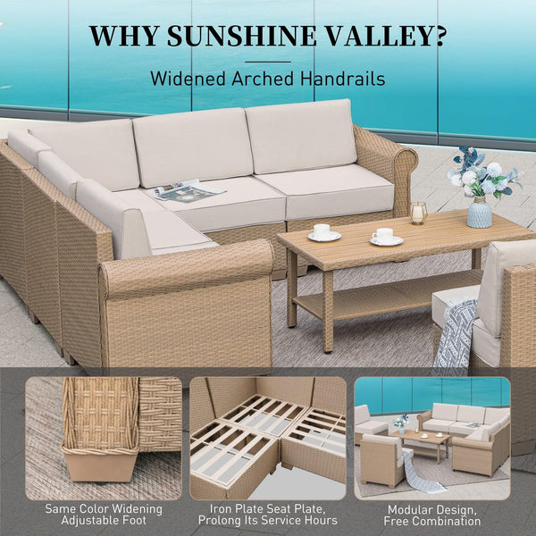 L-Shape Outdoor Wicker Sectional Sofa Set with Cushions & Coffee Table