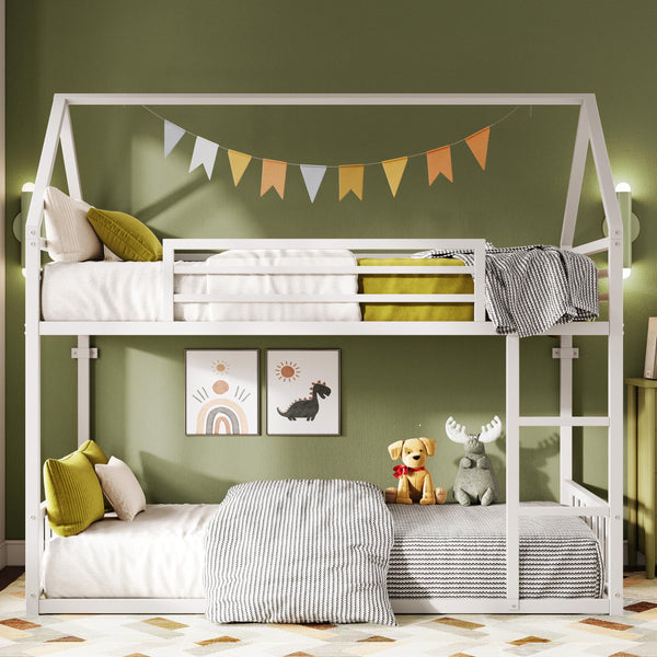 Twin XL Over Twin XL Metal Bunk Bed – House Shaped with Ladder & Guardrail