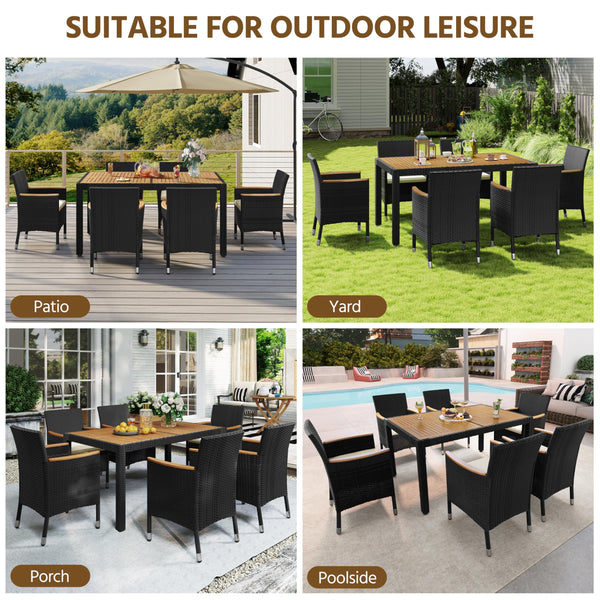 7-Piece Outdoor Rattan Dining Set with Acacia Wood Table & Cushioned Chairs