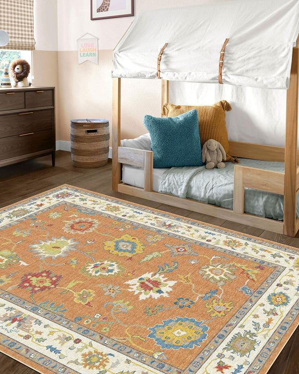 Oushak Washable Area Rug – Orange Ochre Floral, Non-Slip, Machine Washable