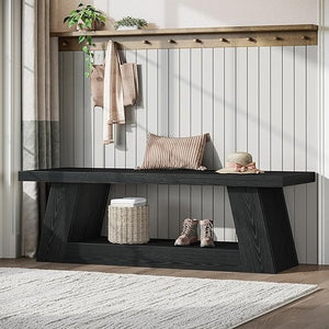 63" Wooden Entryway Bench with Storage Shelf — Farmhouse Hallway Seating