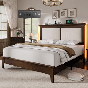 Wood Bed Frame with LED Headboard & Charging Station