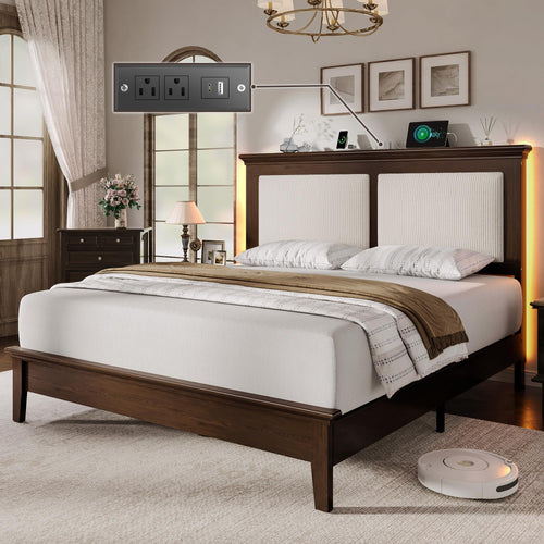 Wood Bed Frame with LED Headboard & Charging Station