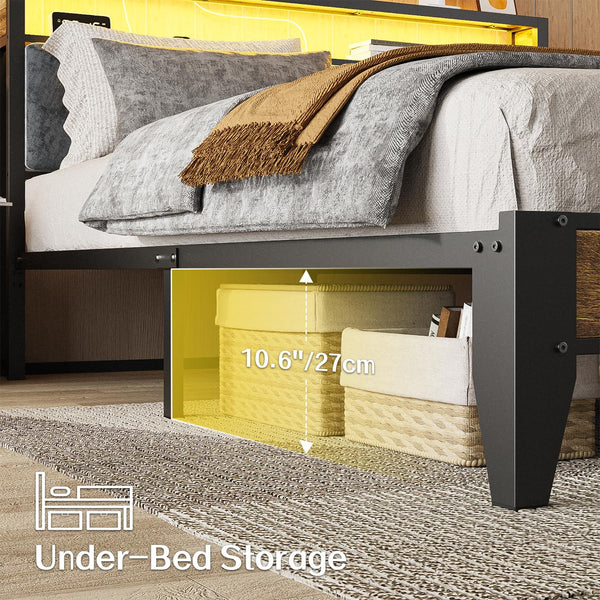 King Bed Frame with LED Headboard & Charging Station