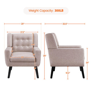Mid-Century Modern Accent Chair – Button Tufted, Beige Linen