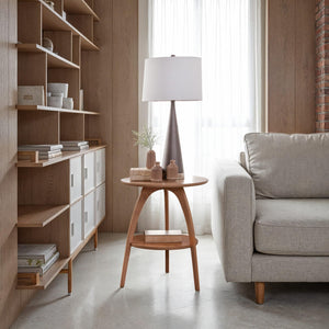 Round Wood End Table with Lower Shelf