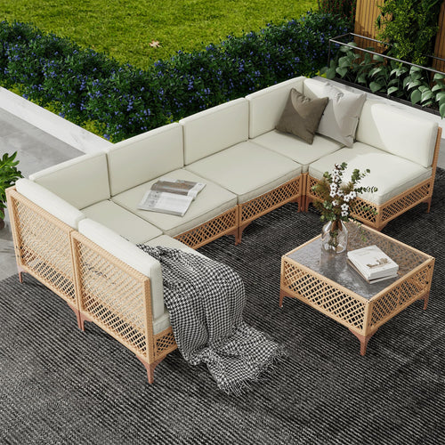 Outdoor Patio Sectional Sofa Set with Tempered Glass Coffee Table