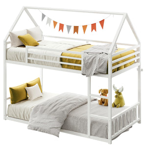 Twin XL Over Twin XL Metal Bunk Bed – House Shaped with Ladder & Guardrail