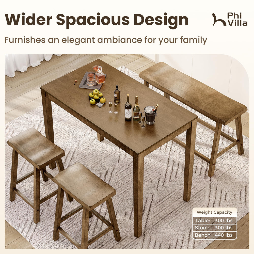 Counter Height Dining Table Set for 4 with Bench and Bar Stools – Solid Wood Farmhouse Kitchen Table