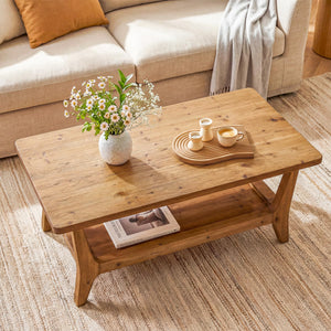 Solid Wood Coffee Table with 2-Tier Shelf & Rounded Corners