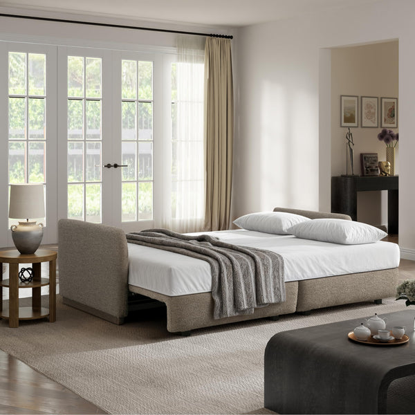 Convertible Sleeper Sofa Queen Size – Boucle Fabric, Wood Legs